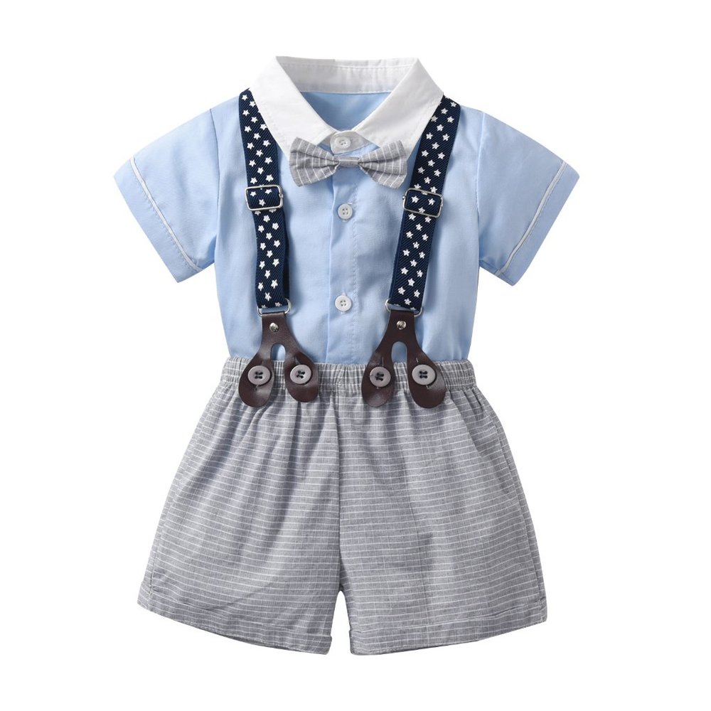 Blue Bowtie Baby Romper, Grey Plaid Shorts and Star Suspenders 3pcs